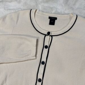Ann Taylor Women's Large Petite‎ Cotton Career Casual White Black Trim Cardigan